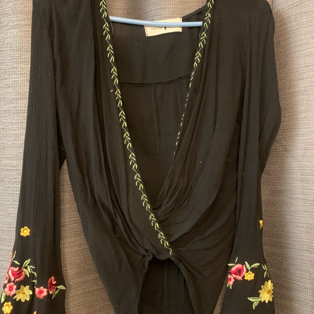 Native Chic black embroidered bell sleeve top